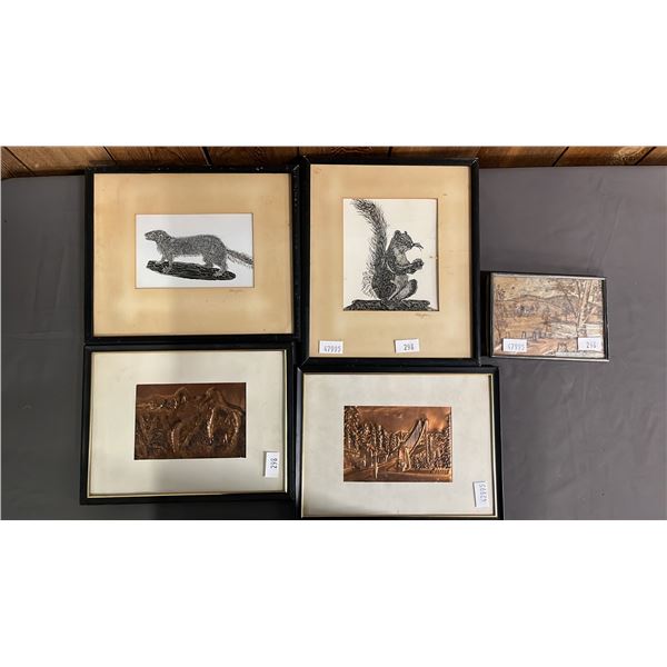 (2) FRAMED PEN & INK DRAWINGS SIGNED "MARG", (2) EMBOSSED COPPER PLAQUES & FRAMED BARK PICTURE
