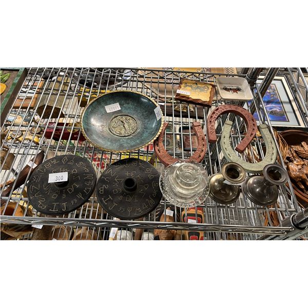 VINTAGE CHILDREN'S HORSESHOE GAME, METAL DISH, CANDLESTICKS & MORE