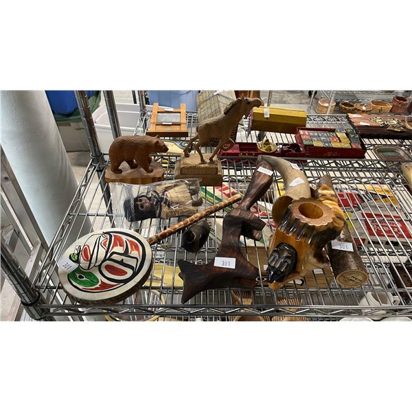 COLLECTION OF VINTAGE DECOR:CARVED RUSSIAN BEAR PEN CUP, CARVED FINISH MOOSE, SUMAC WOOD OWL & MORE