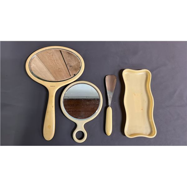 (2) VINTAGE FRENCH IVORY MIRRORS, FISH KNIFE W/FRENCH IVORY HANDLE & FRENCH IVORY DRESSER TRAY
