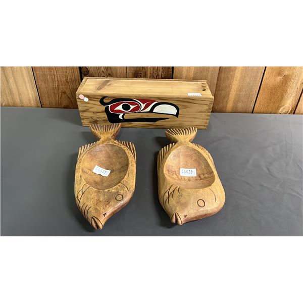FIRST NATIONS PAINTED WOOD FEATHER BOX & (2) FISH-SHAPED CARVED WOOD BOWLS
