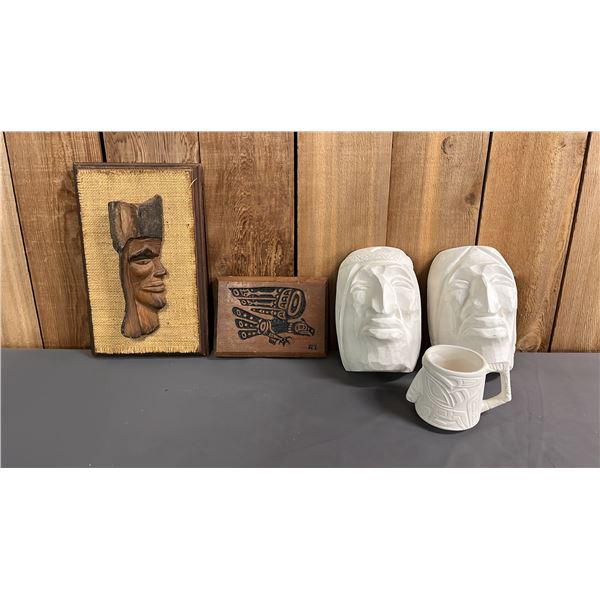 (2) CERAMIC FACES, CERAMIC TOTEM CUP AND (2) WOOD WALL PLAQUES