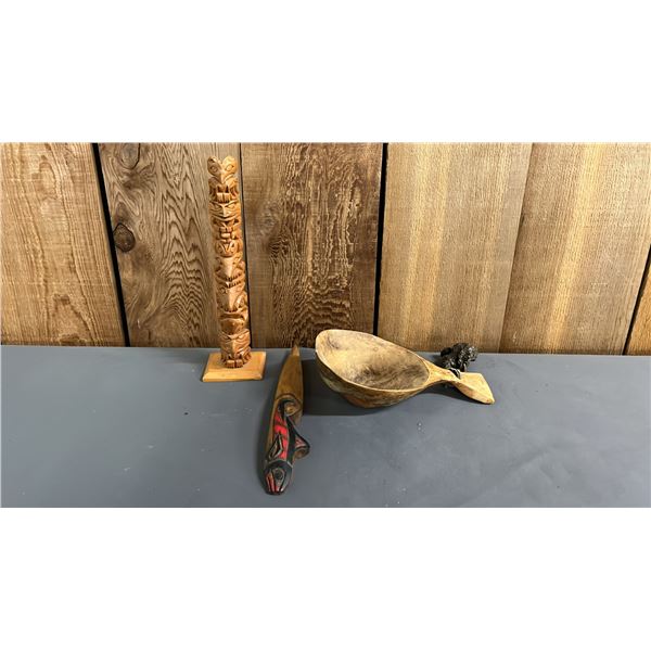 CARVED WOOD LADLE, RAYMOND WILLIAMS 8.5" T CARVED WOOD TOTEM POLE & CARVED WOOD LETTER OPENER WITH