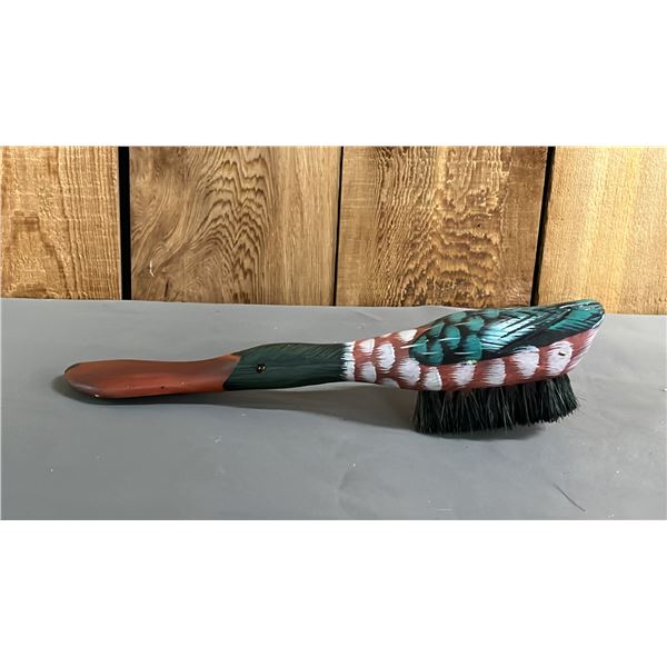 VINTAGE CARVED & PAINTED WOOD MALLARD DUCK SHOE HORN & CLOTHES BRUSH: 10" LONG