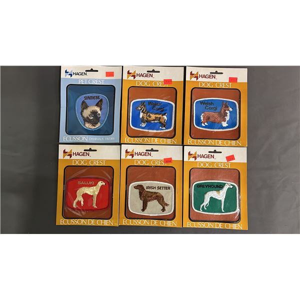(6) VINTAGE HAGEN PET CRESTS: SIAMESE, (2) WELSH CORGI, SALUKI, IRISH SETTER & GREY HOUND