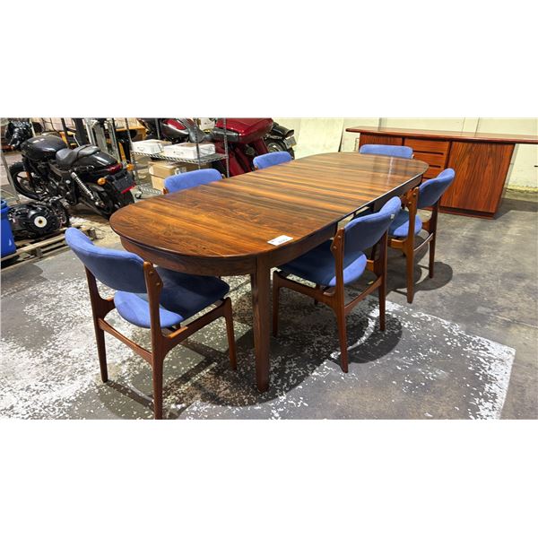 DANISH MODERN ROSEWOOD TABLE WITH 2 LEAVES & 6 CHAIRS