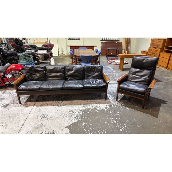 MADE IN NORWAY MID-CENTURY MODERN ROSEWOOD FOUR SEAT LEATHER SOFA WITH MATCHING HIGH BACK CHAIR