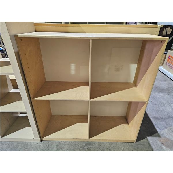 4-CUBBY WOOD STORAGE SHELF: APPROX. 39.5"T X 38.5"W X14"D
