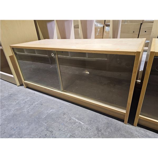 LOW-PROFILE WOOD DISPLAY CABINET WITH SLIDING GLASS DOORS: APPROX. 46.25"W X 19.5"D X 19.5"T