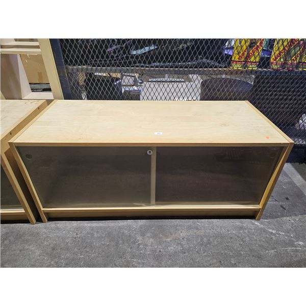 LOW-PROFILE WOOD DISPLAY CABINET WITH SLIDING GLASS DOORS: APPROX. 46.25"W X 19.5"D X 19.5"T