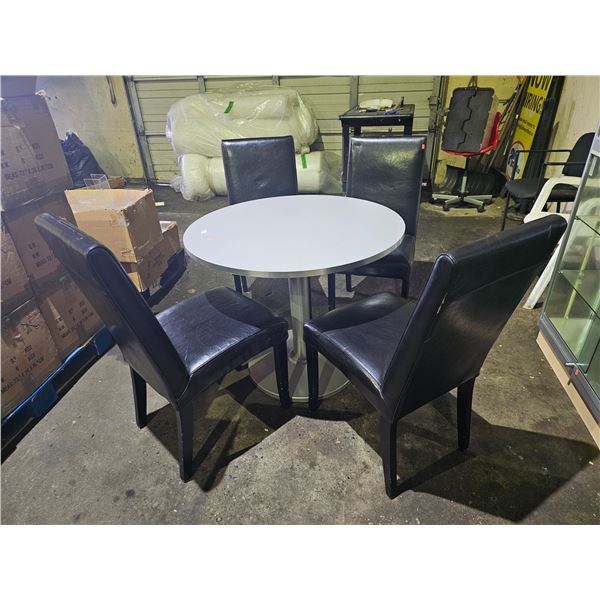 ROUND GREY 35.5" DIAMETER TABLE WITH METAL BASE & (4) BLACK FAUX LEATHER UPHOLSTERED CHAIRS