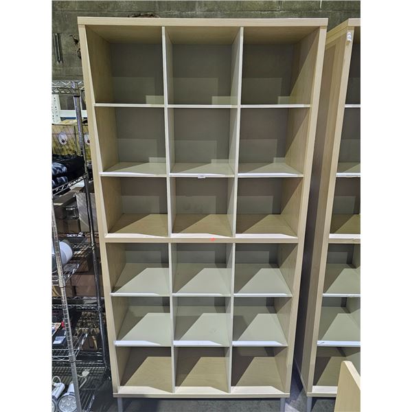 18 CUBBY WOOD STORAGE SHELF: APPROX. 83.5"T X 41"W X 15.75"D
