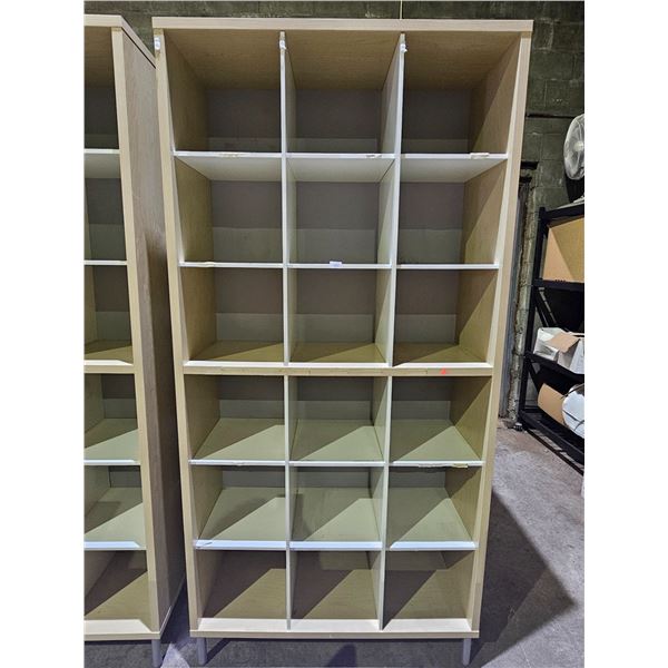 18 CUBBY WOOD STORAGE SHELF: APPROX. 83.5"T X 41"W X 15.75"D
