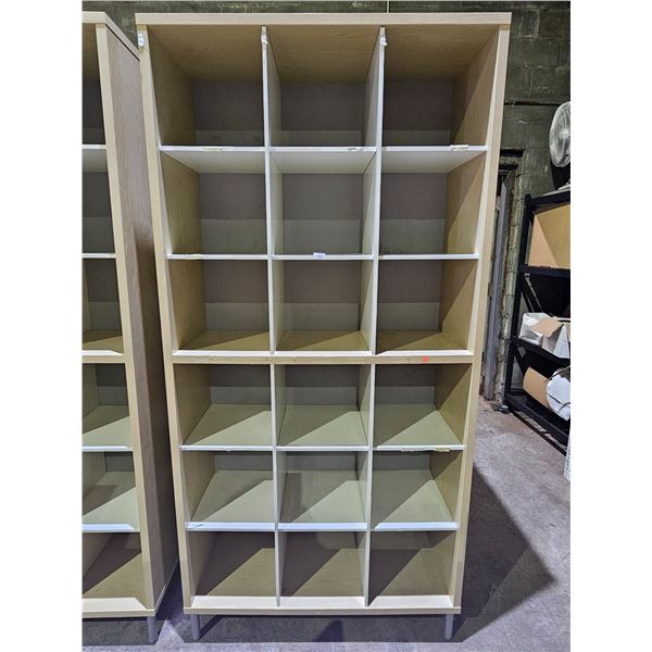 18 CUBBY WOOD STORAGE SHELF: APPROX. 83.5"T X 41"W X 15.75"D