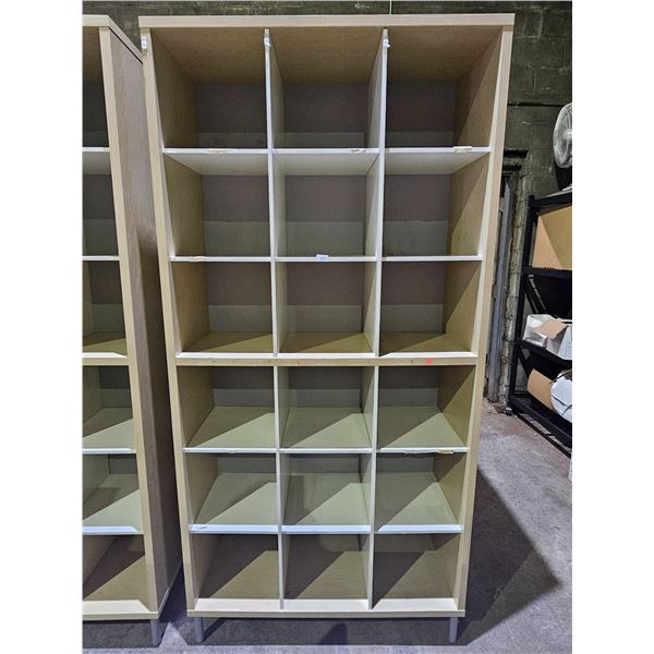 18 CUBBY WOOD STORAGE SHELF: APPROX. 83.5"T X 41"W X 15.75"D