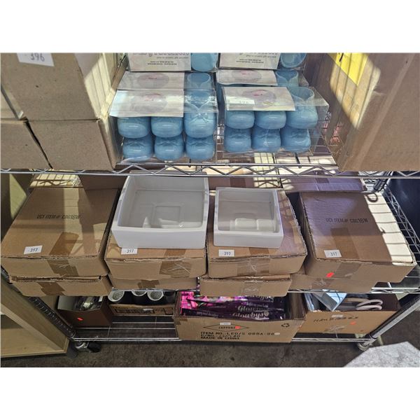 SHELF OF 2 PIECE PORCELAIN TRAY SETS: LARGER IS 8.5" X 8.5" X 3"D, SMALLER IS 6.25" X 6.25" X 2"D