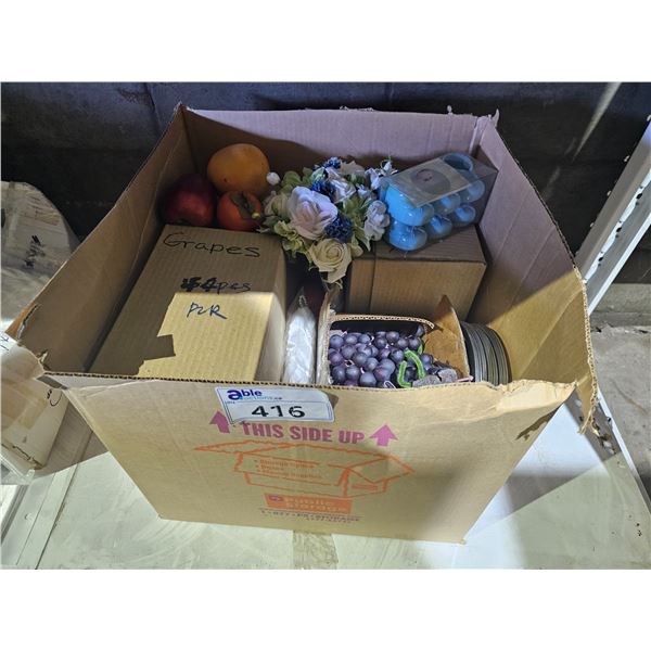 BOX OF FAUX FRUIT (MOSTLY GRAPE CLUSTERS), METAL TAPER TRAYS, PLASTIC BABY BOOTIES & MORE