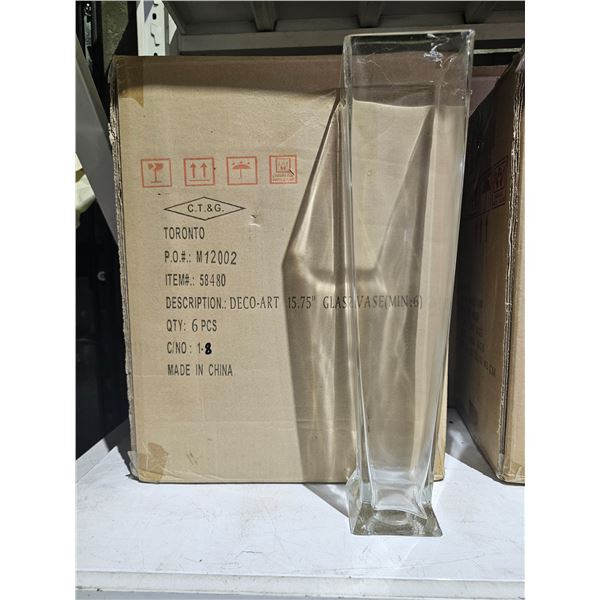 *NEW* (2) CASES OF ART DECO STYLE 15.75" T GLASS VASES: EACH CASE CONTAINS 6