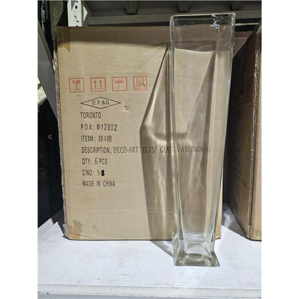 *NEW* (2) CASES OF ART DECO STYLE 15.75" T GLASS VASES: EACH CASE CONTAINS 6