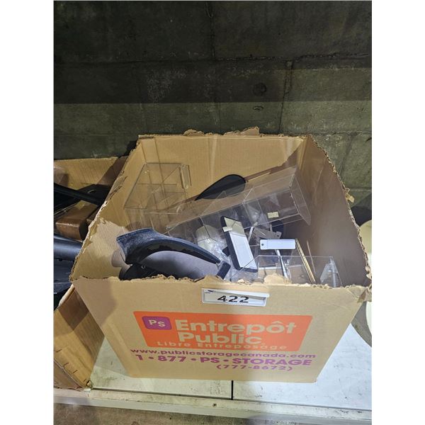 BOX OF ASSORTED JEWELRY DISPLAYS, SLAT WALL HOOKS, PLASTIC SORTING CONTAINERS & MORE
