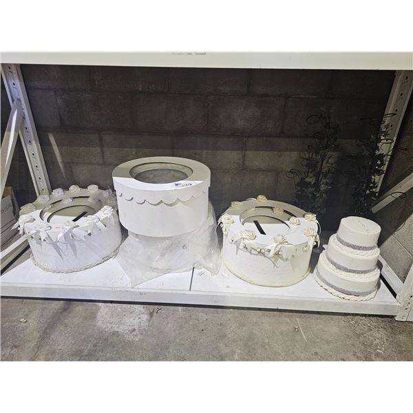 SHELF OF PAPER MACHE GIFT BOX SETS, FOAM 3-TIER WEDDING CAKE & (2) TEA LIGHT CANDELABRAS