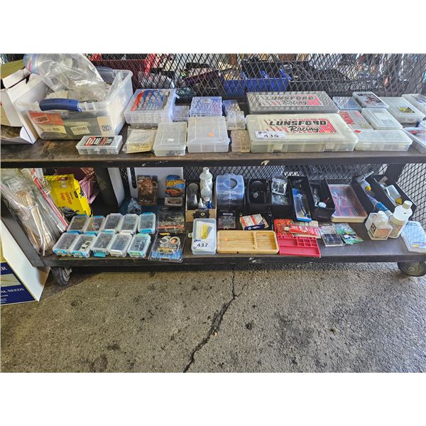 SHELF OF ASSORTED HOT WHEELS CARS, SCREWS, GLUE & MORE