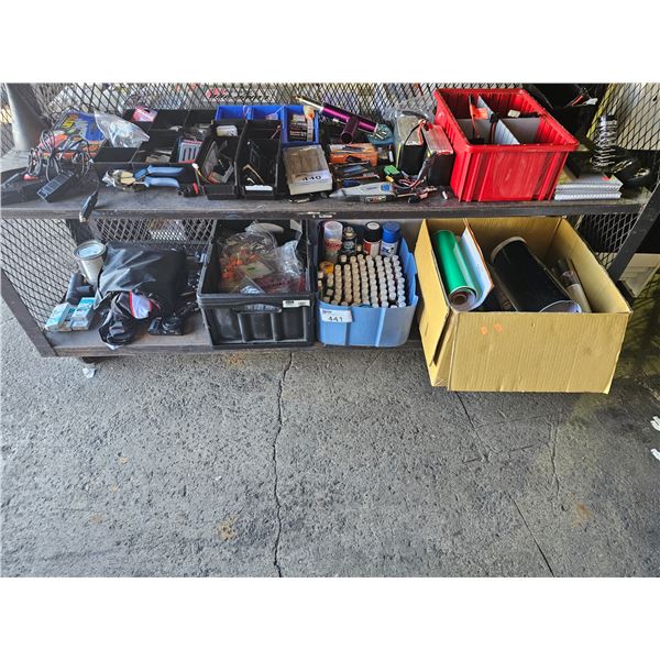 BOX OF CRICUT PAPER & STENCIL VINYL, BOX OF CAR MODEL PAINT, DOOR HINGES, CAMERA AND MORE