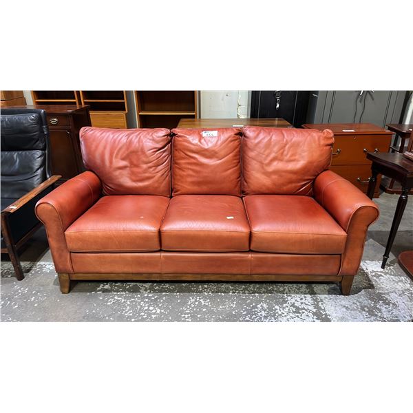 CAMDEN BURNT ORANGE LEATHER SOFA WITH SEMI-ATTACHED CUSHIONS