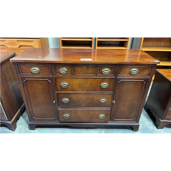 VINTAGE MAHOGANY  2 DOOR 6-DRAWER CABINET: TOP MIDDLE DRAWER HAS A LOCK, BUT NOT KEY (NOT LOCKED)
