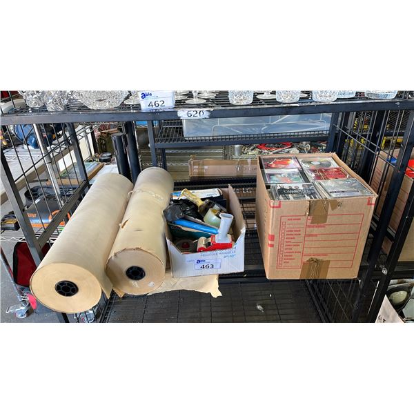 SHELF OF MUSIC CDS, PACKING TAPE DISPENSER & (2) LARGE ROLLS OF KRAFT PAPER