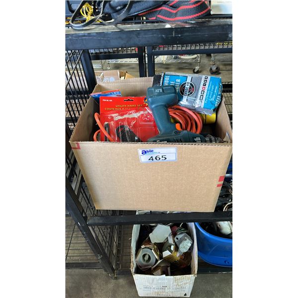 BOX OF ASSORTED TOOLS: B&D DRILL, STEEL WOOL, EXTENSION CORDS, UTILITY KNIFE SET & MORE