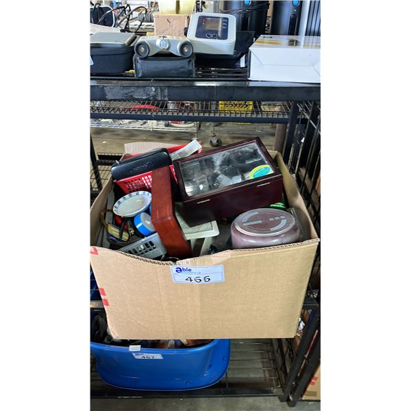 BOX OF TOOLS & HOUSEHOLD GOODS: HAND TOOLS, SINK STRAINER, DISHWASHER SOAP, SAUCE POT & MORE