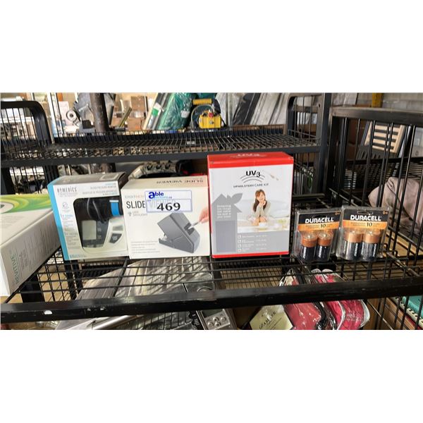 HOMEDICS BLOOD PRESSURE MONITOR, LED SLIDE VIEWER, UPHOLSTERY CARE KIT & (2) PACKS OF D4 BATTERIES
