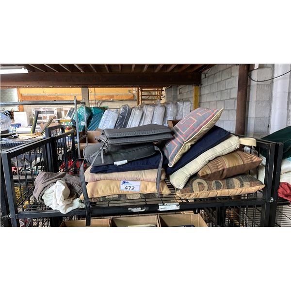 SHELF OF ASSORTED THROW PILLOWS & CHAIR CUSHIONS