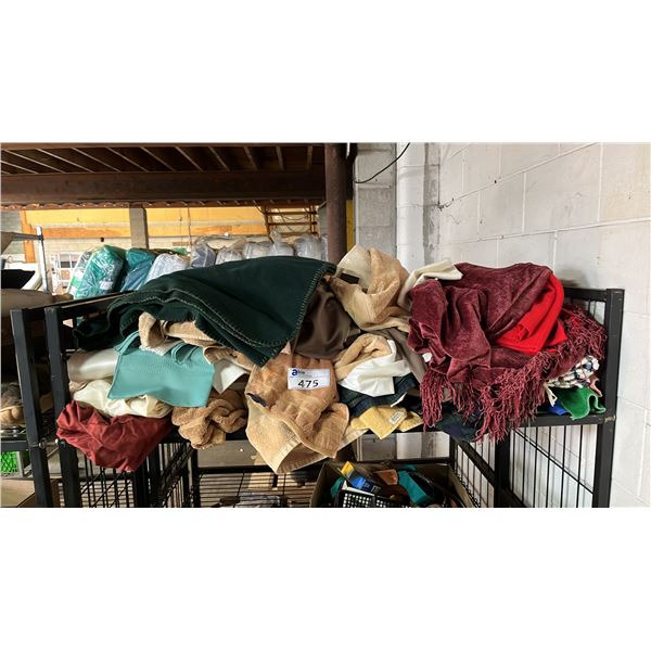 SHELF OF ASSORTED BLANKETS, TABLE LINENS, TOWELS & MORE