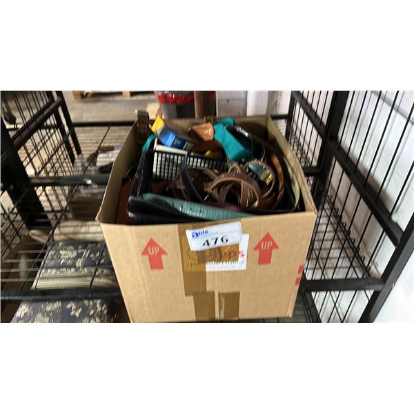 BOX OF ASSORTED BELTS & CLOTHING