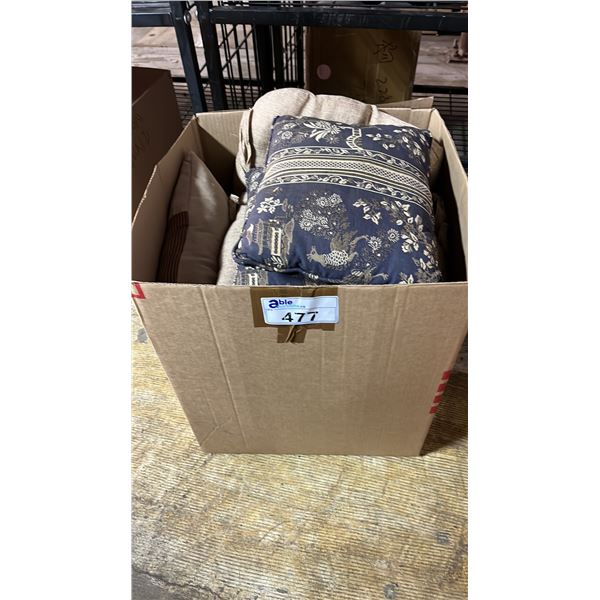 BOX OF ASSORTED CUSHIONS & COOKWARE