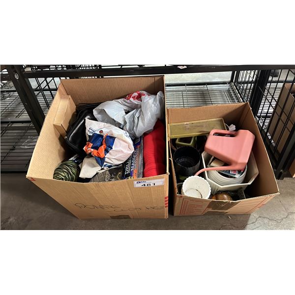 SHELF OF ASSORTED HOUSEHOLD GOODS: PLANT POTS, WATERING CAN, BLANKETS SHOES, YARN & MORE