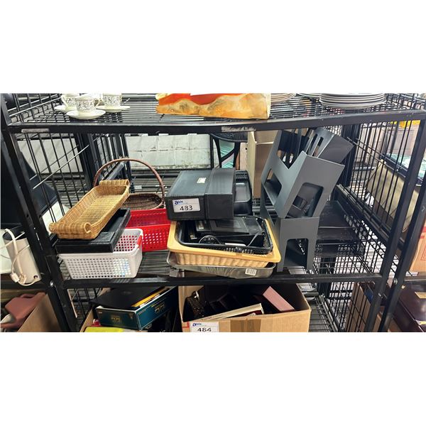SHELF OF ASSORTED STORAGE BINS & BASKETS