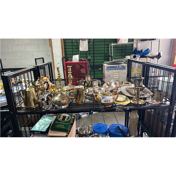SHELF OF METAL & CHINA TEAPOTS, COFFEEPOTS & SERVING TRAYS