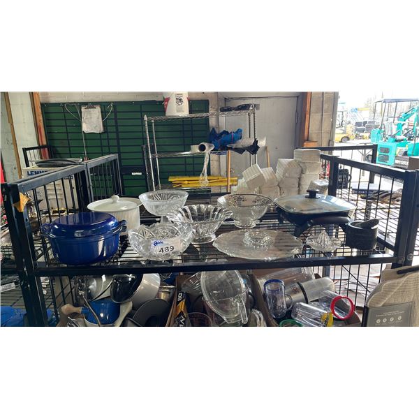 CAST IRON ROASTER, ELECTRIC SKILLET, LIDDED CASSEROLE DISH & ASSORTED GLASSWARE