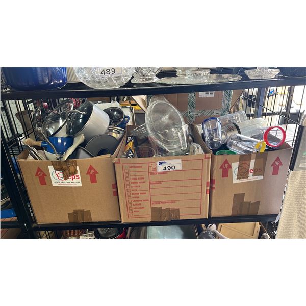 (3) BOXES OF COOKWARE, MAGIC BULLET, MEASURE CUPS, BAKEWARE & MORE
