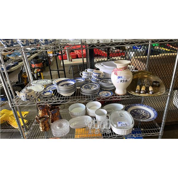 SHELF OF ASSORTED CHINA, METAL SERVING TRAY, PLASTIC BOWLS, VASE & MORE