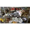 Image 1 : SHELF OF ASSORTED CHINA, METAL SERVING TRAY, PLASTIC BOWLS, VASE & MORE