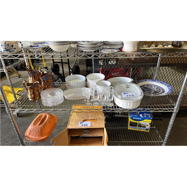 SHELF OF LUSTREWARE JUGS, ASSORTED CASSEROLE DISHES, SHERRY GLASSES, & DESSERT PLATES