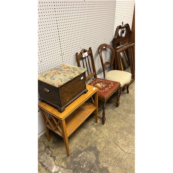 (2) VINTAGE CHAIRS WITH PADDED SEATS, PETITE POINT STORAGE FOOTSTOOL & 2-TIER WOOD SIDE TABLE