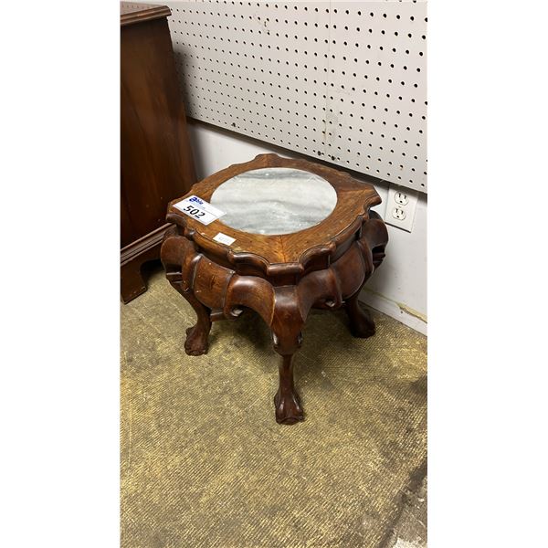 BALL & CLAW FOOT WOOD SIDE TABLE/PLANT STAND WITH MARBLE TOP