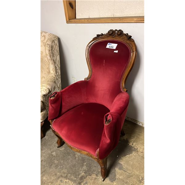 VICTORIAN RED VELVET UPHOLSTERED ARM CHAIR