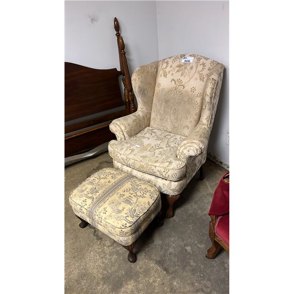 VINTAGE FABRIC UPHOLSTERED WINGBACK ARMCHAIR & FOOT STOOL
