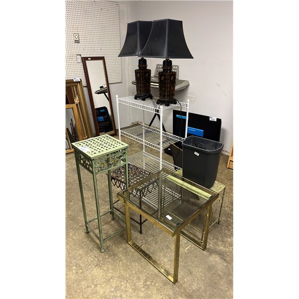 METAL PLANT STAND, METAL SIDE TABLES, GLASS TOP METAL SIDE TABLE, METAL SHELF & (2) TABLE LAMPS
